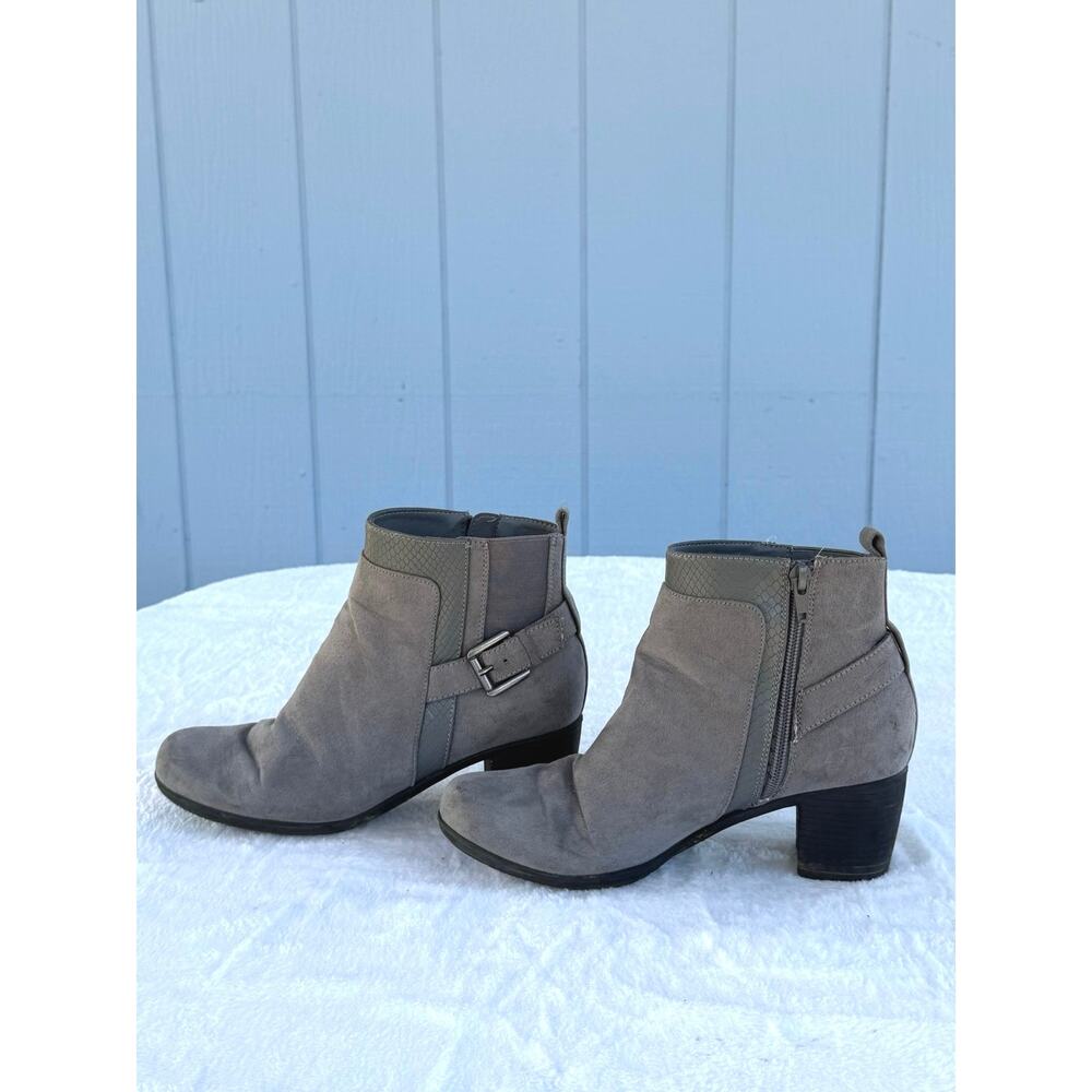 Women’s Gray Faux Suede Ankle Boots Buckle Side Zip Block Heel Booties